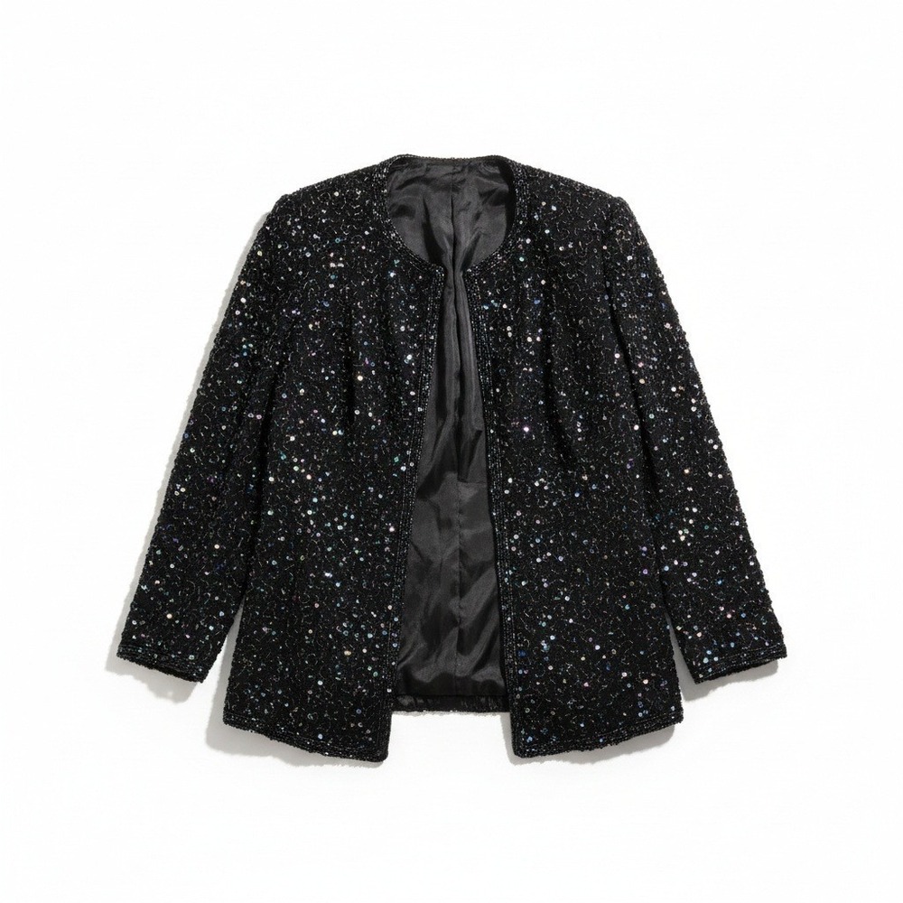 Stello Vintage Black Silk Beaded Sequin Evening Jacket Blazer Womens Small 6-8